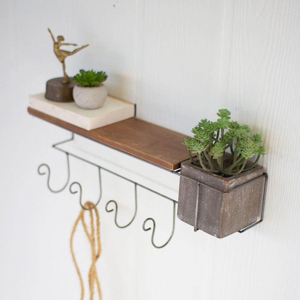 Kalalou Wall Shelf And Coat Rack With Grey Clay Planter