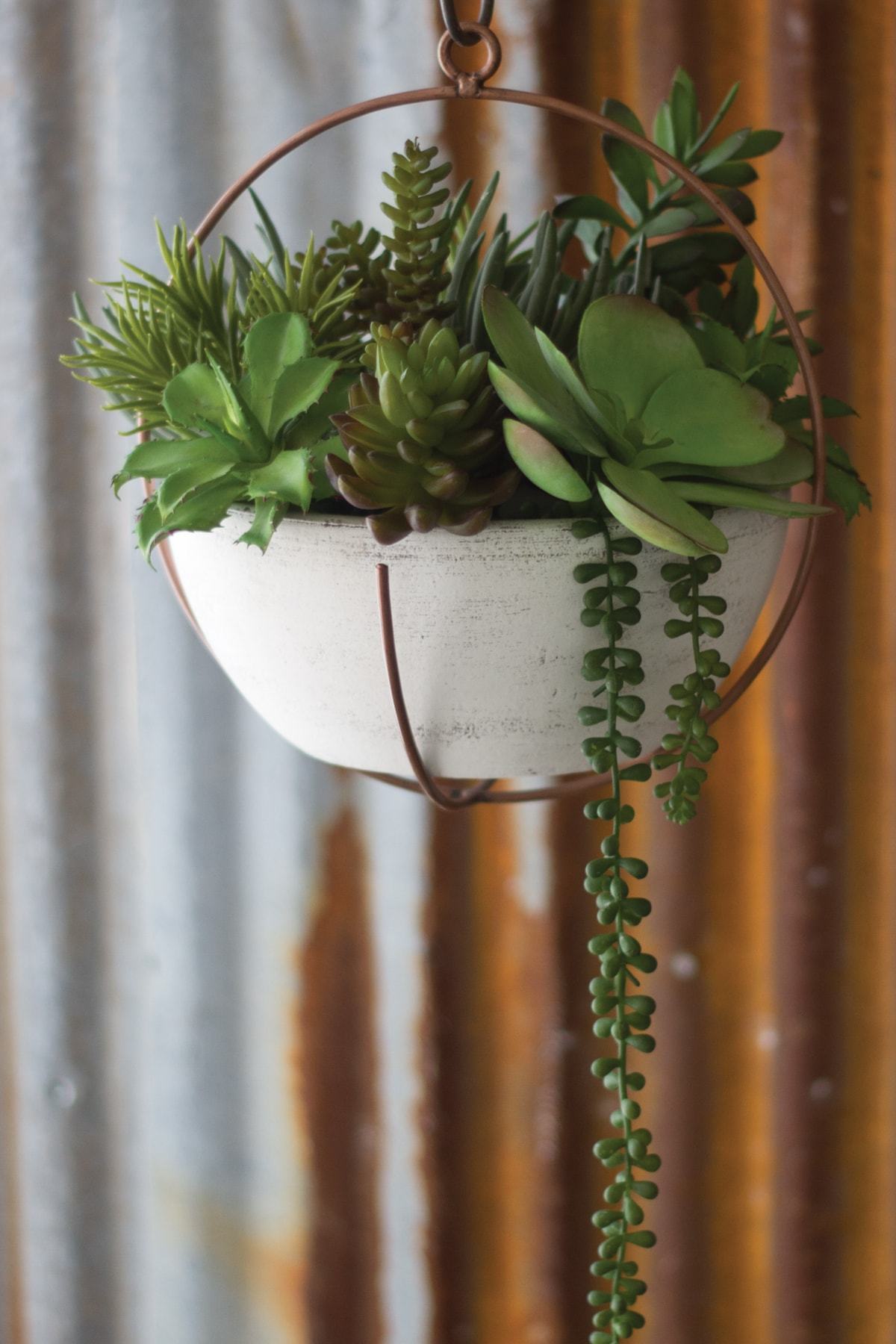 Kalalou Hanging White Clay Bowl Planters W Copper Holder - Set of 2