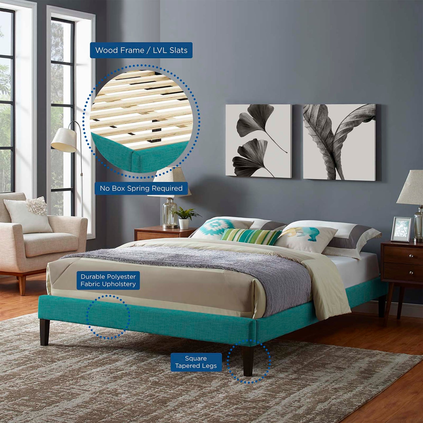 Tessie King Fabric Bed Frame with Squared Tapered Legs By Modway - MOD-5901 | Beds | Modishstore - 12