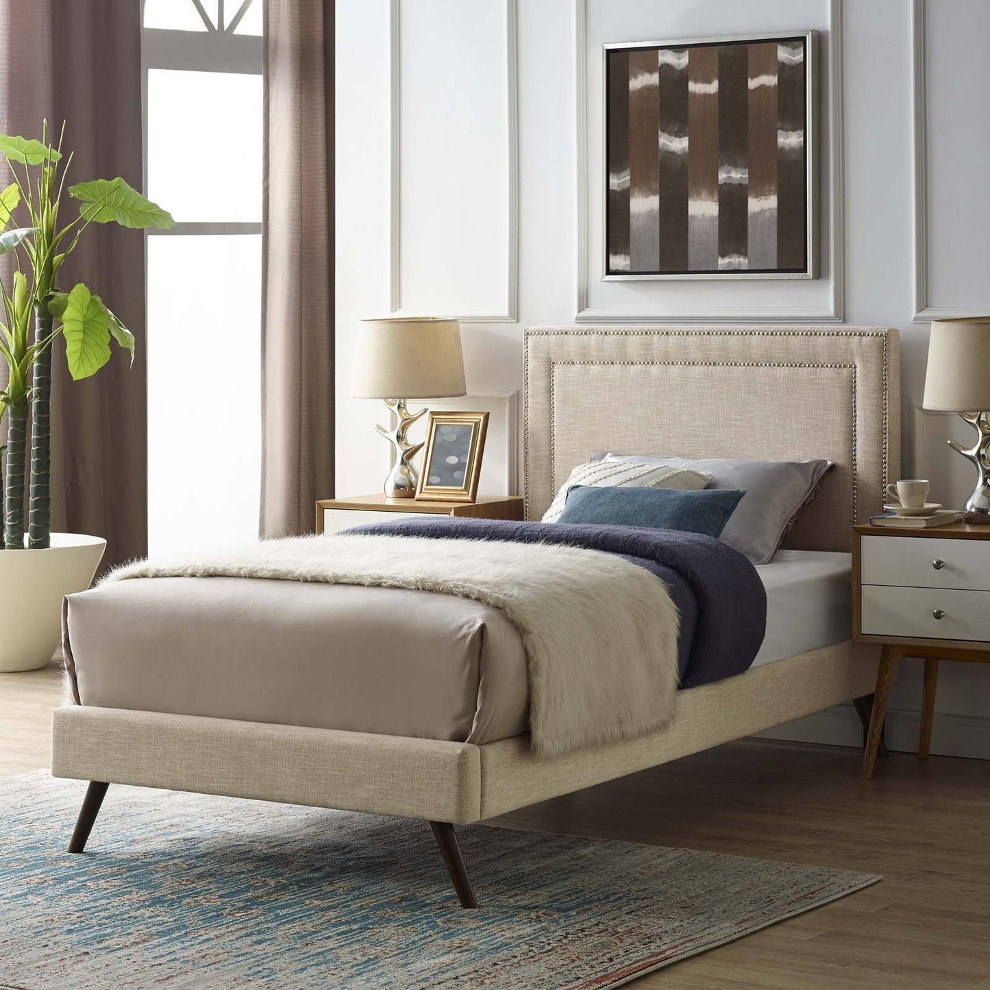 Modway Virginia Twin Fabric Platform Bed with Round Splayed Legs