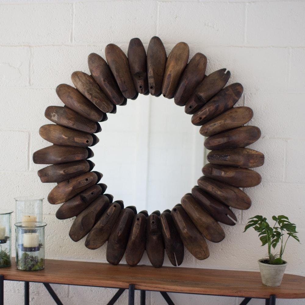 Kalalou Round Wooden Antique Shoe Mold Mirror