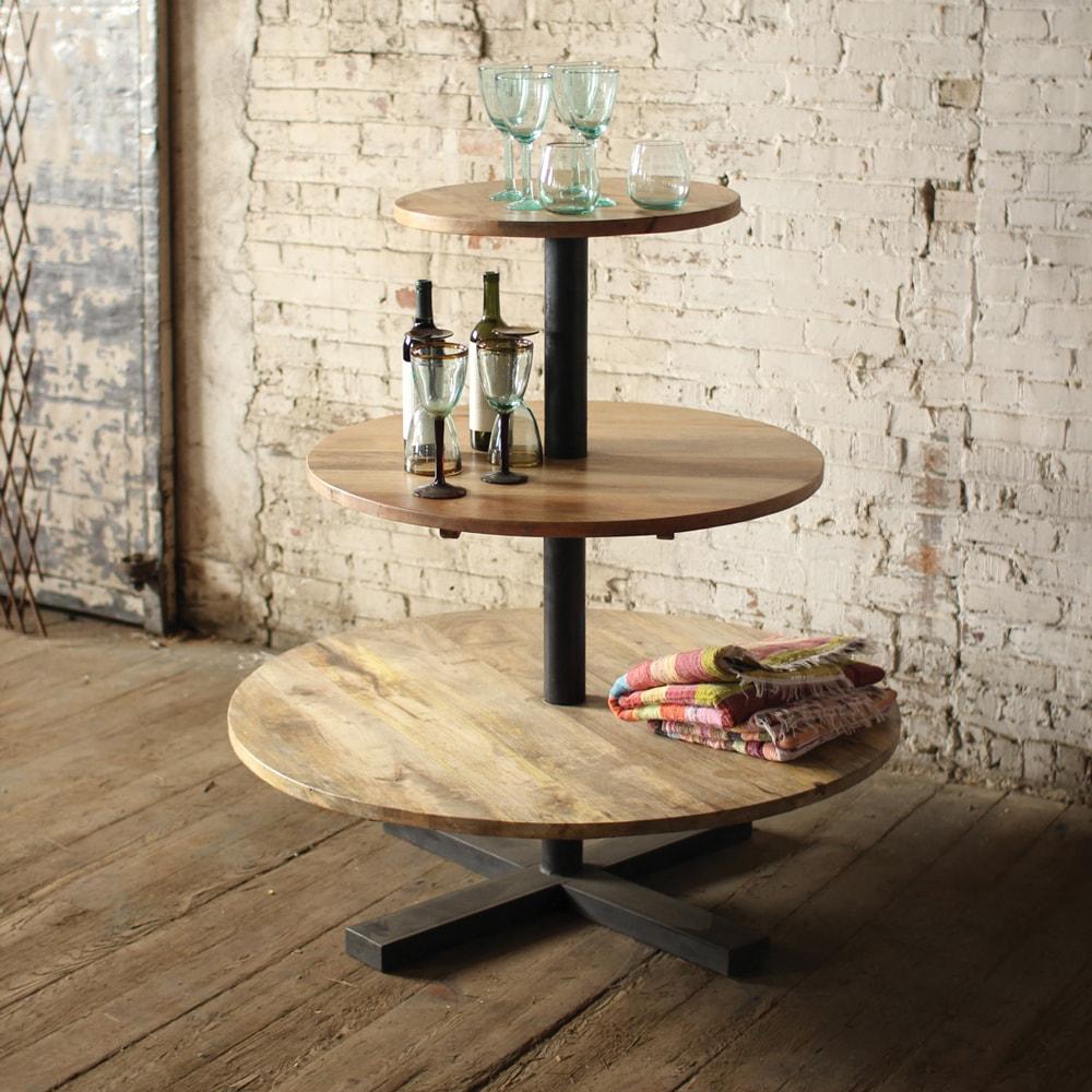 Kalalou Round Three Tiered Mango Wood And Iron Display Tower