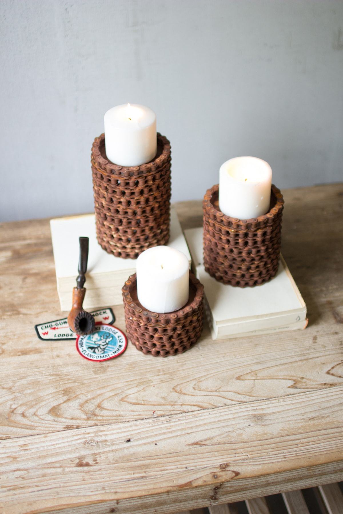 Kalalou Set Of 3 Rustic Re-purposed Bicycle Chain Candle Holders