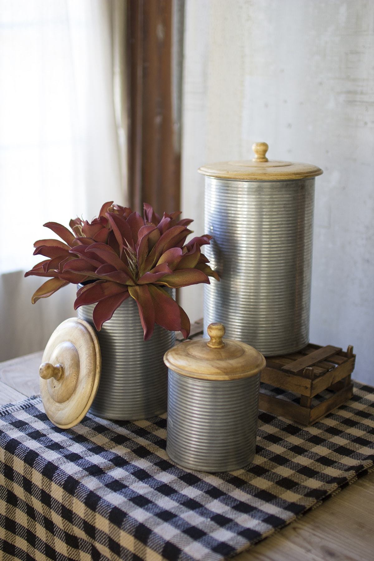Kalalou Set Of 3 Galvanized Canisters With Wooden Tops