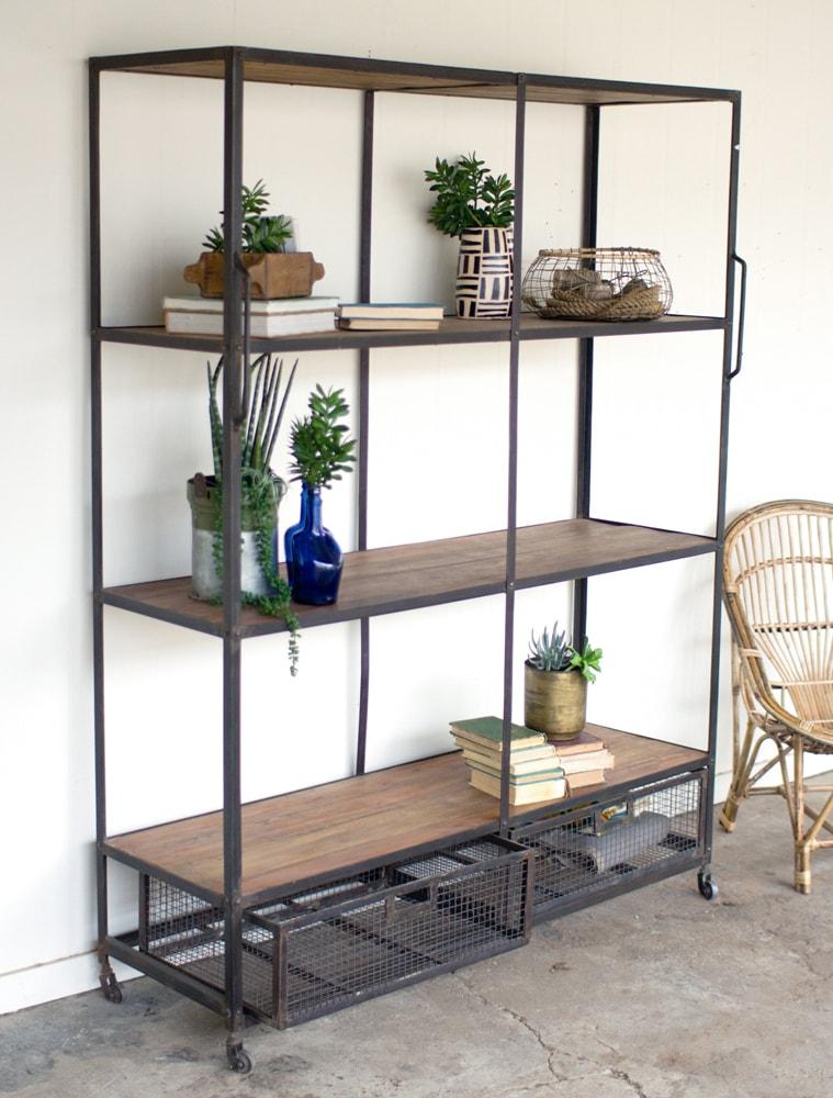 Kalalou Iron And Wood Shelving Unit with Wire Drawers