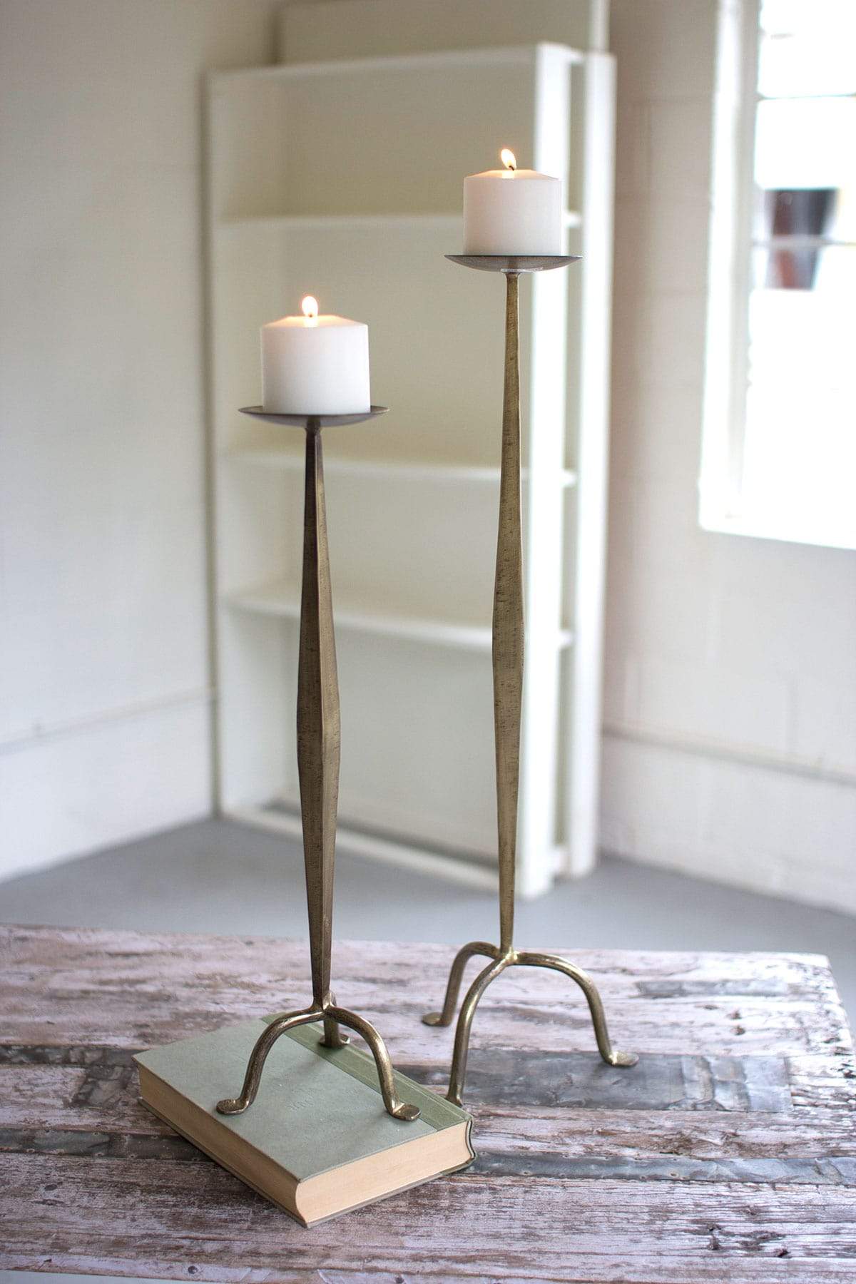 Kalalou Set Of 2 Antique Brass Candle Stands