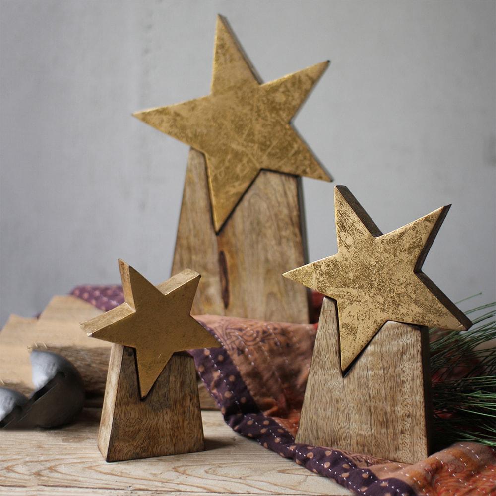 Kalalou Wooden Star On Base - Set of 3