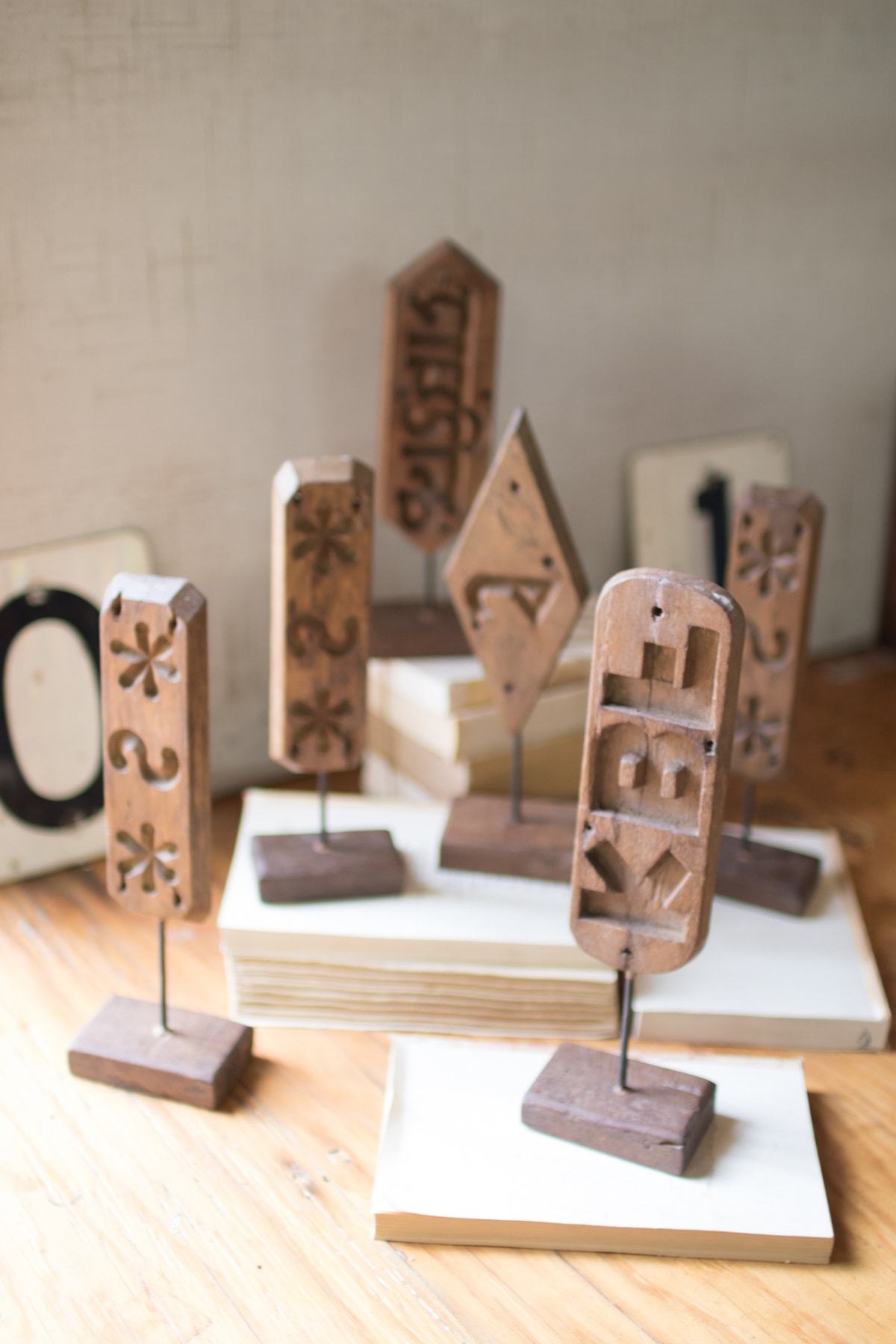 Kalalou Set Of 6 Assorted Wooden Brick Mold Impressions On Stands