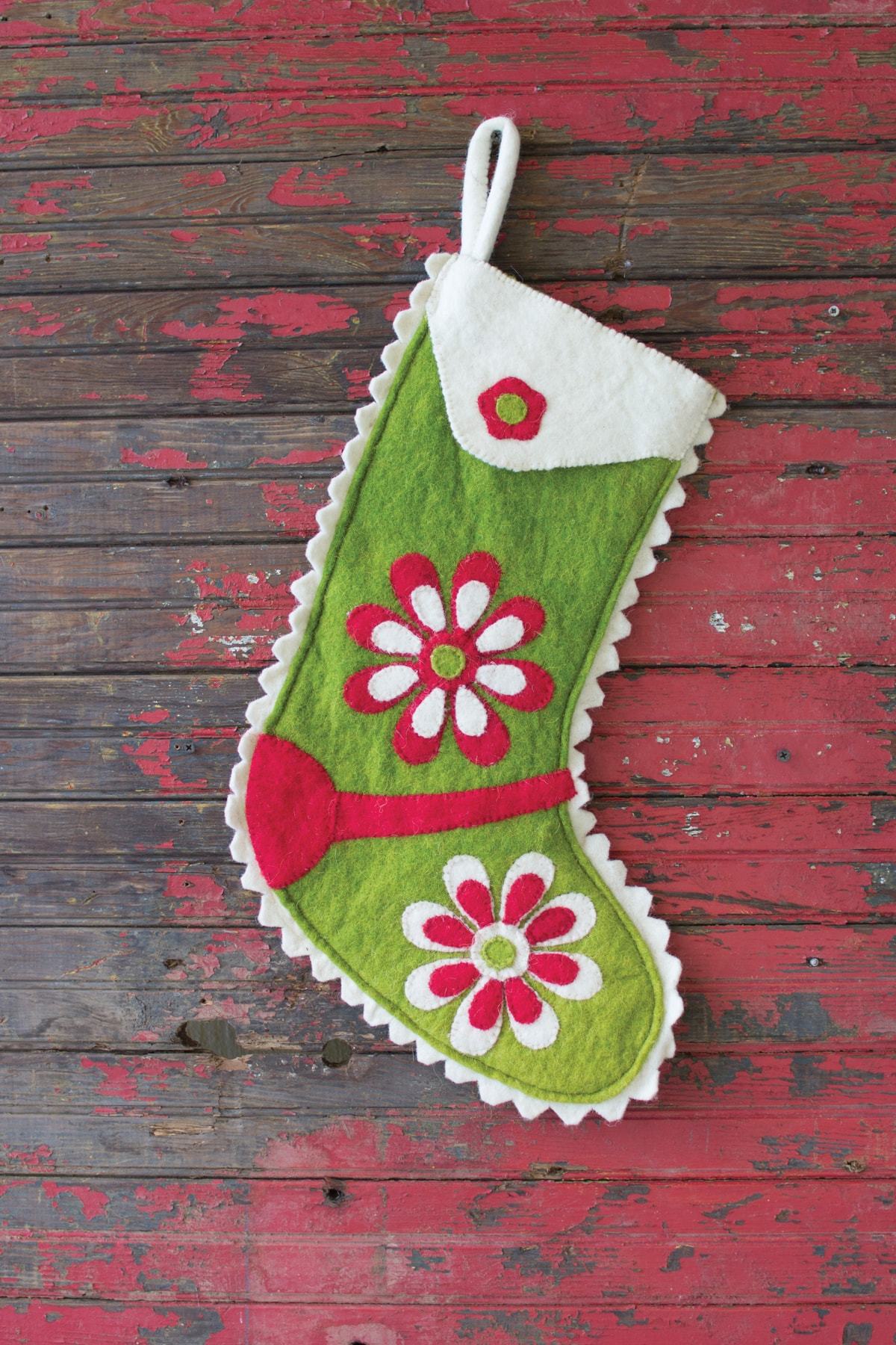 Kalalou Felt Stocking - Green With Red And Ivory Flowers