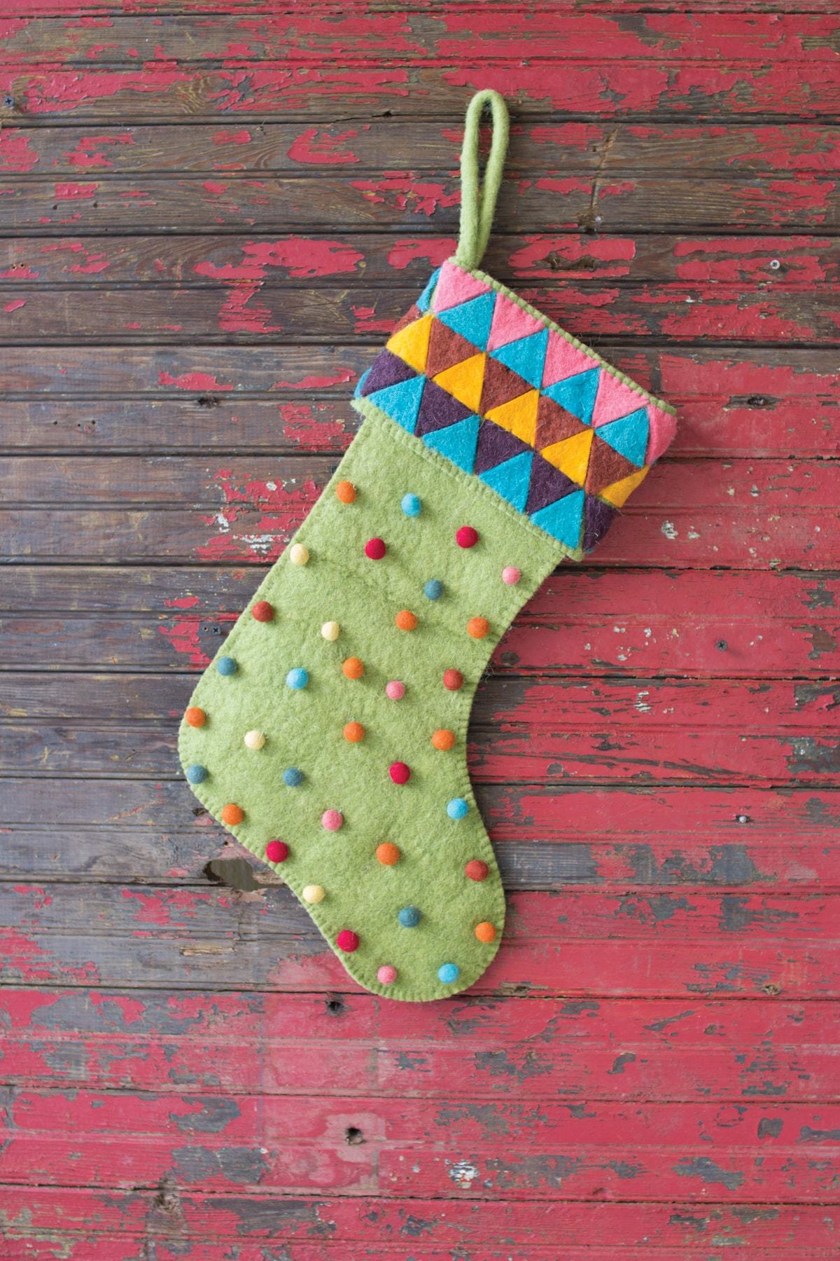 Kalalou Felt Stocking - Green With Pompoms