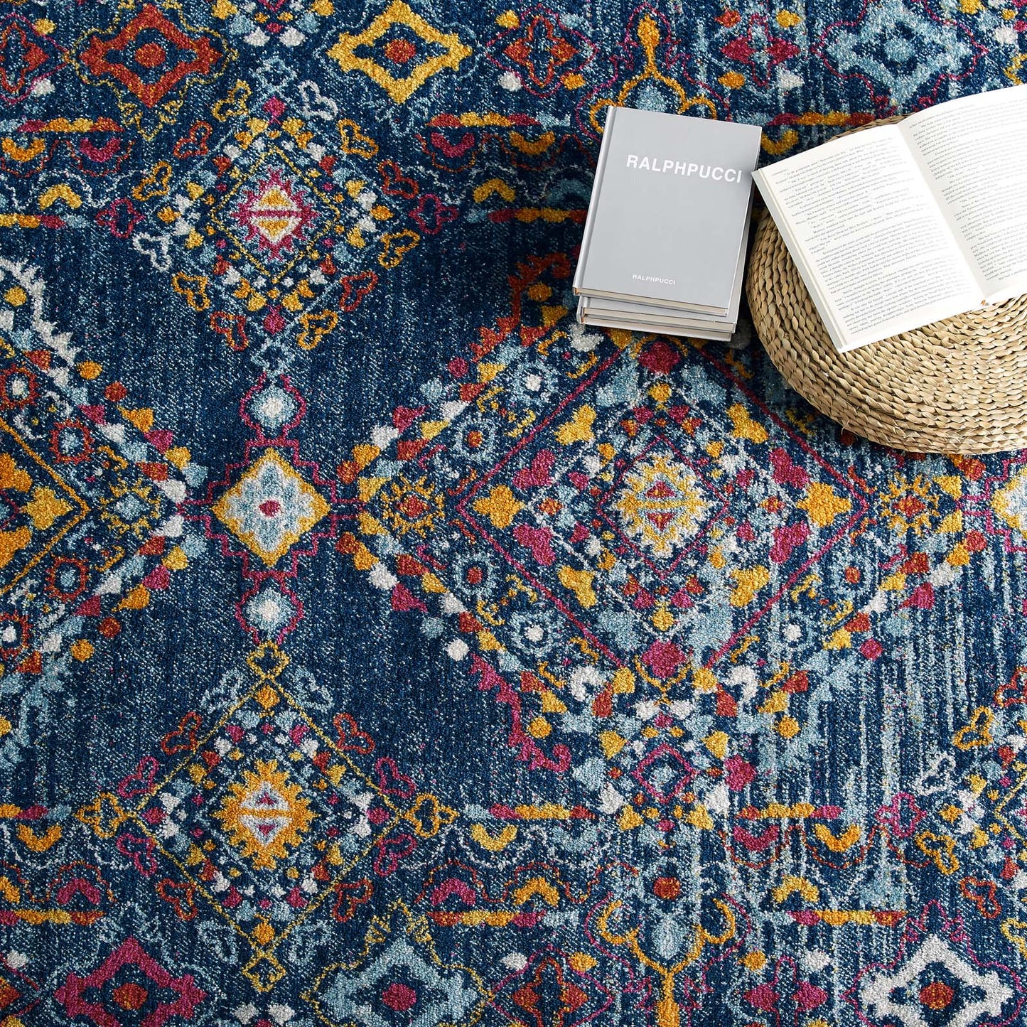 Modway Entourage Khalida Distressed Vintage Floral Lattice 8x10 Area Rug Blue, Orange, Yellow, Red | Rugs |