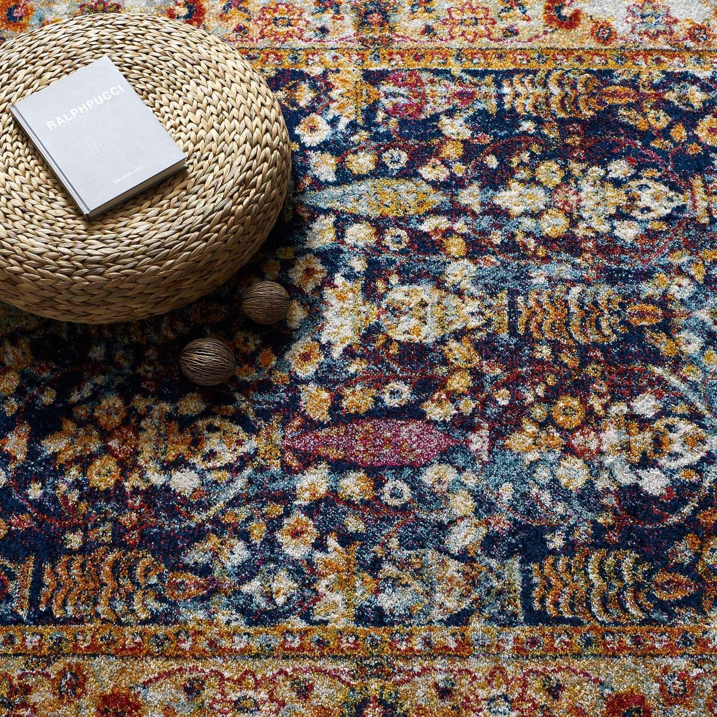Modway Entourage Jessa Distressed Vintage Floral Lattice 5x8 Area Rug Blue, Orange, Yellow, Red