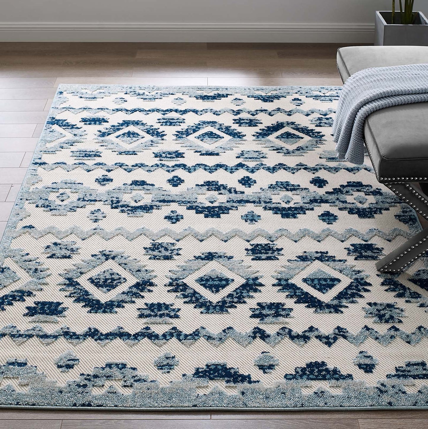 Modway Reflect Takara Distressed Contemporary Abstract Diamond Moroccan Trellis 5x8 Indoor and Outdoor Area Rug Ivory and Blue