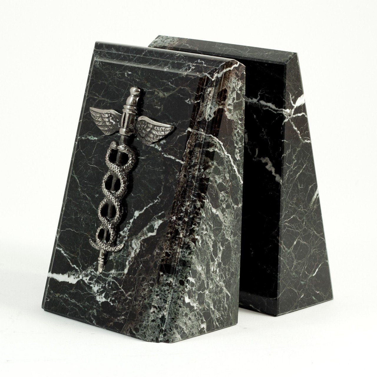 Bey-Berk "Black Zebra" Marble Medical Caduceus Bookends