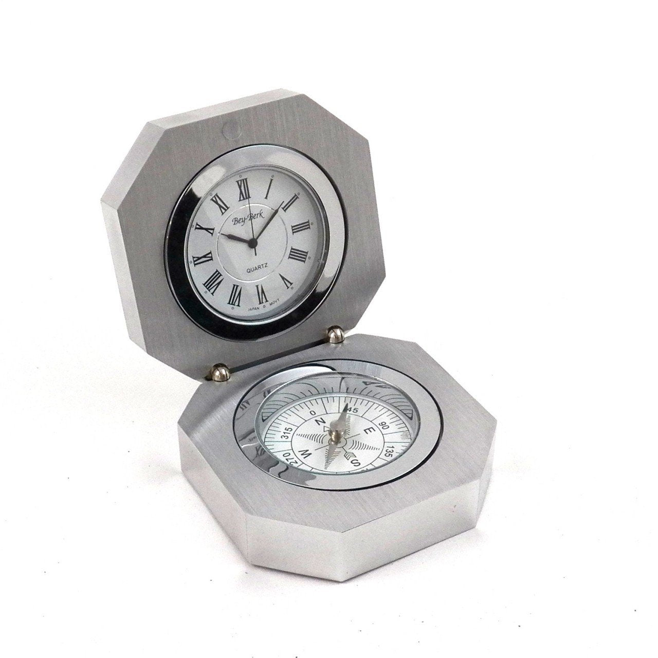 Bey-Berk Stainless Steel Clock and Compass