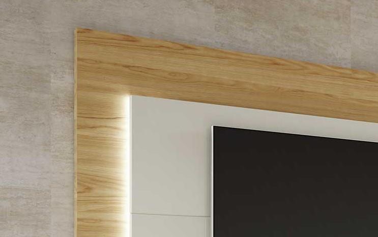 Manhattan Comfort Sylvan 85.43" TV Panel with LED Lights in Nature Wood and Off White