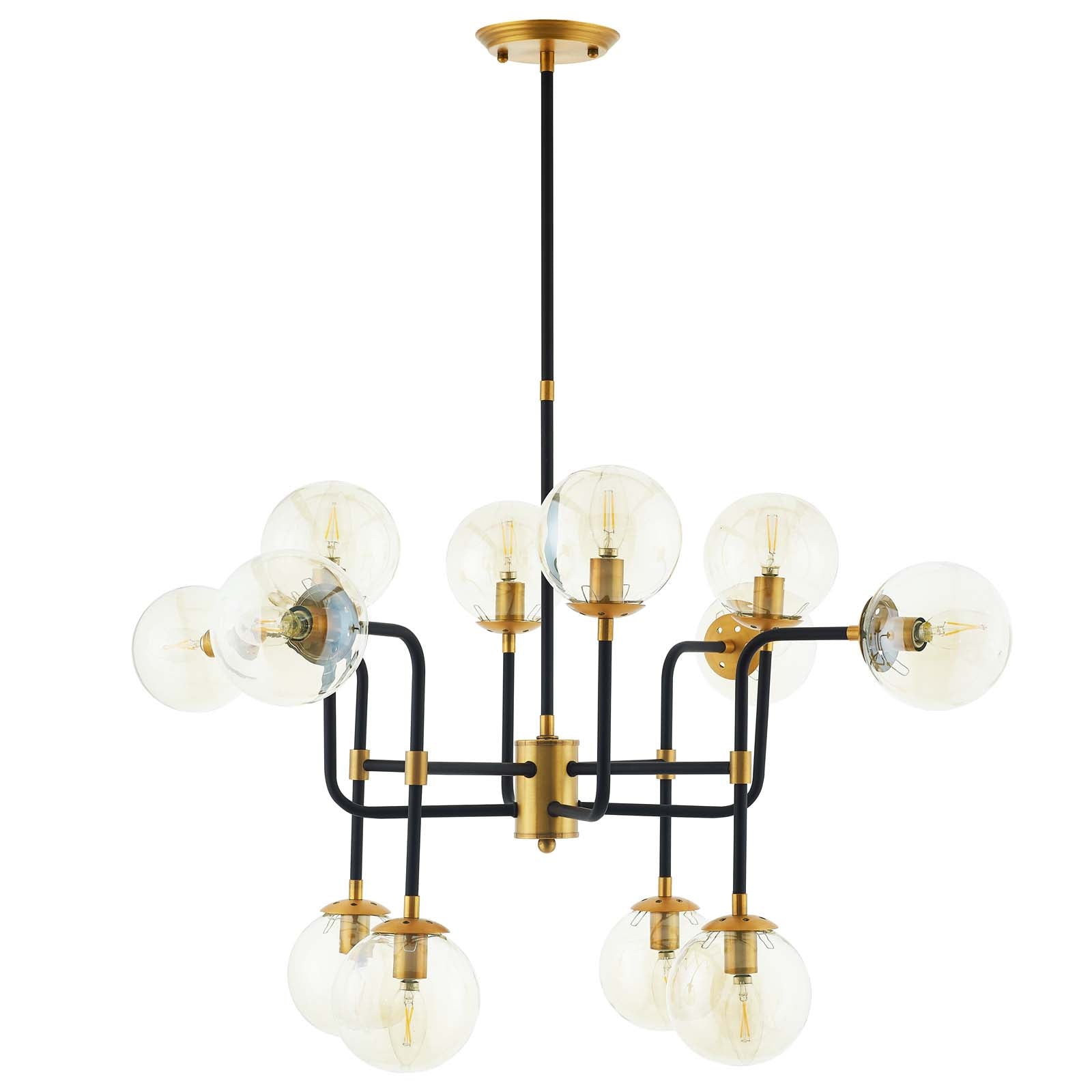 Ambition Amber Glass And Antique Brass 12 Light Pendant Chandelier By Modway - EEI-2884 | Chandeliers - 2