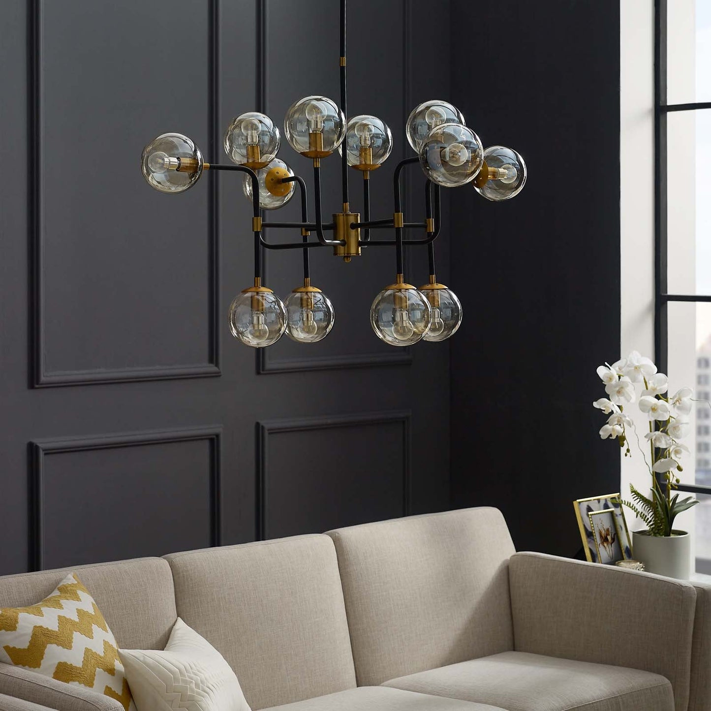 Ambition Amber Glass And Antique Brass 12 Light Pendant Chandelier By Modway - EEI-2884 | Chandeliers - 4
