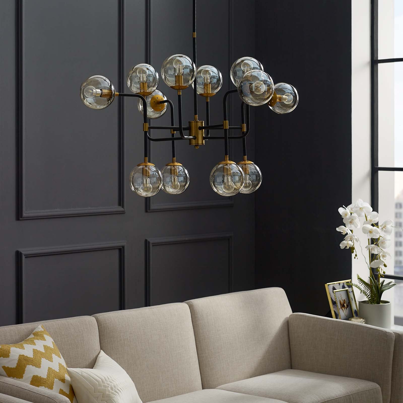 Ambition Amber Glass And Antique Brass 12 Light Pendant Chandelier By Modway - EEI-2884 | Chandeliers - 4
