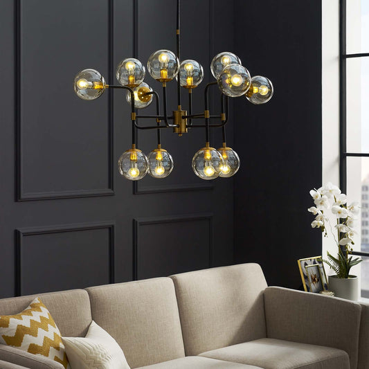 Ambition Amber Glass And Antique Brass 12 Light Pendant Chandelier By Modway - EEI-2884 | Chandeliers