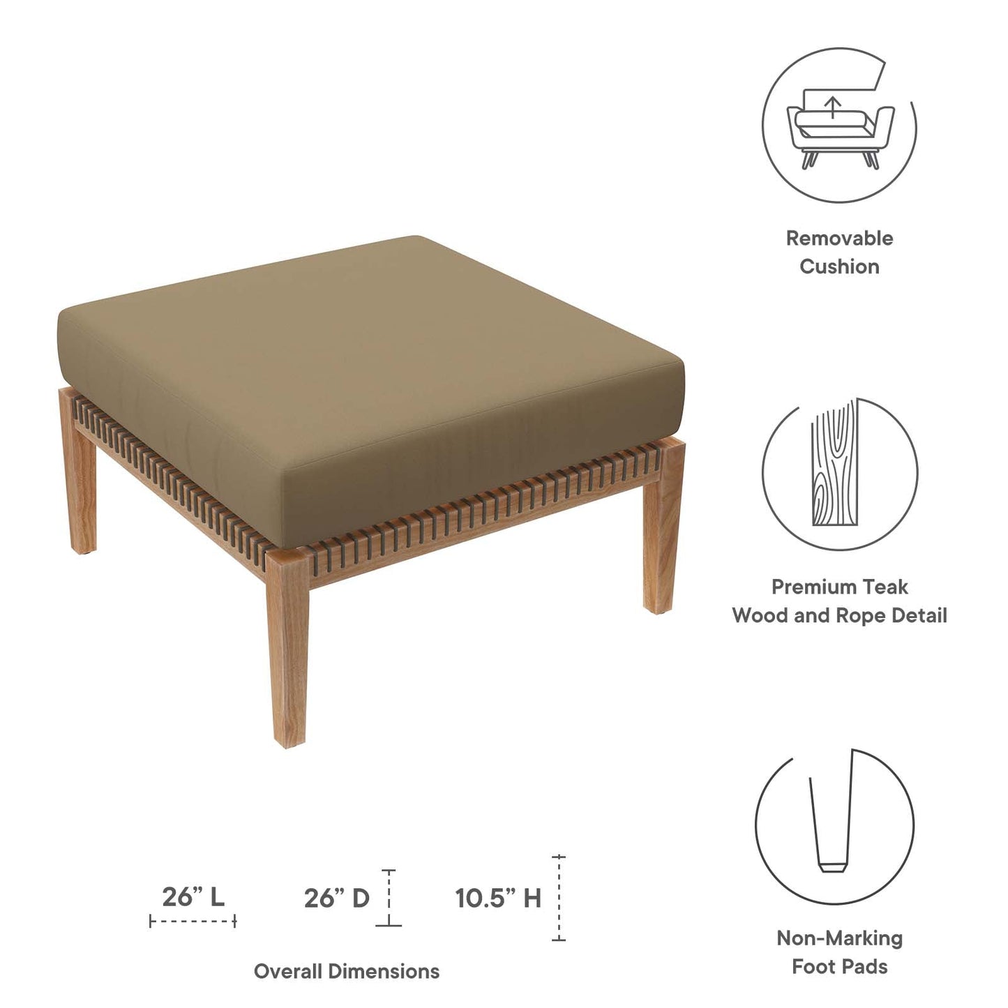 Clearwater Outdoor Patio Teak Wood Ottoman By Modway - EEI-5854 | Outdoor Ottomans - 12