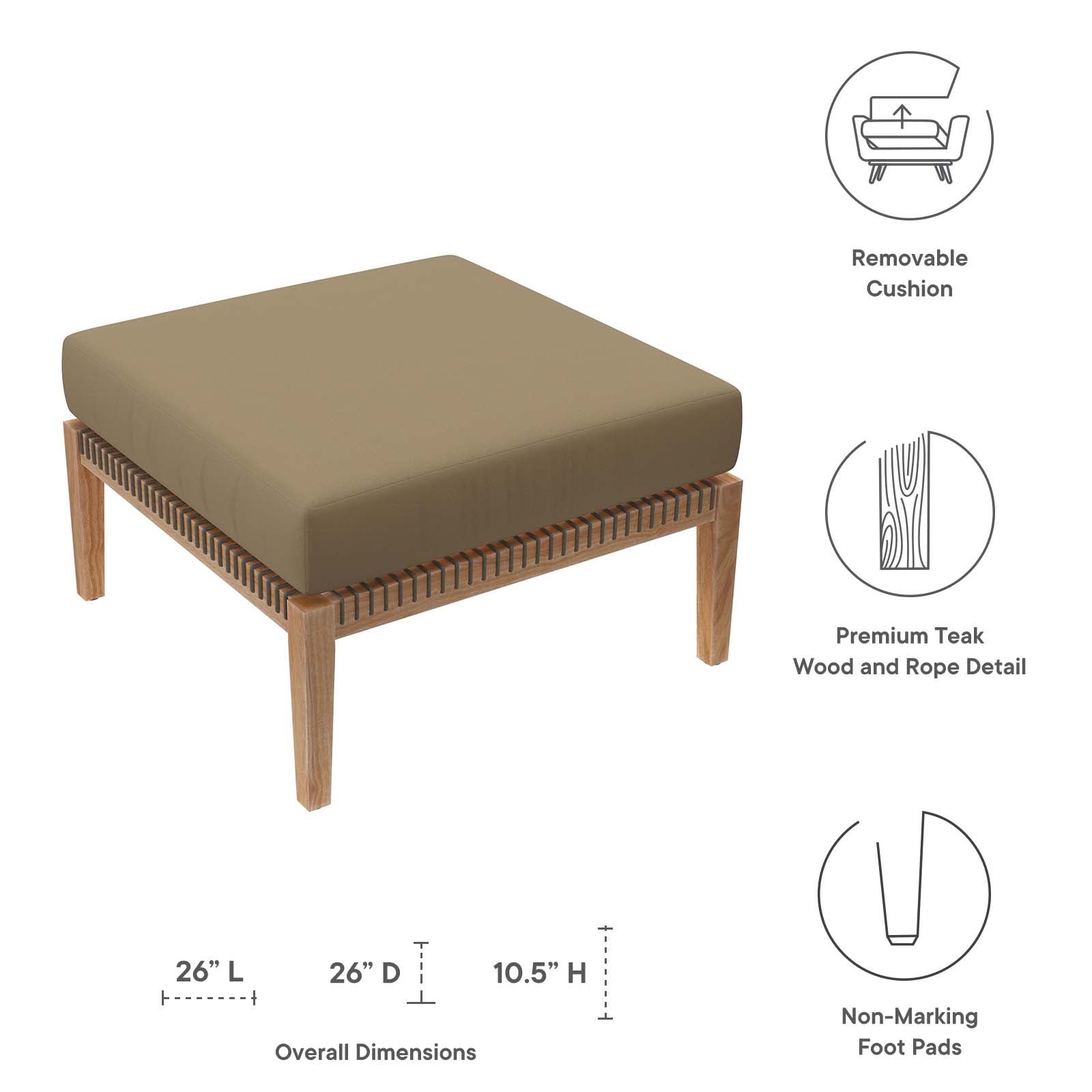 Clearwater Outdoor Patio Teak Wood Ottoman By Modway - EEI-5854 | Outdoor Ottomans - 12