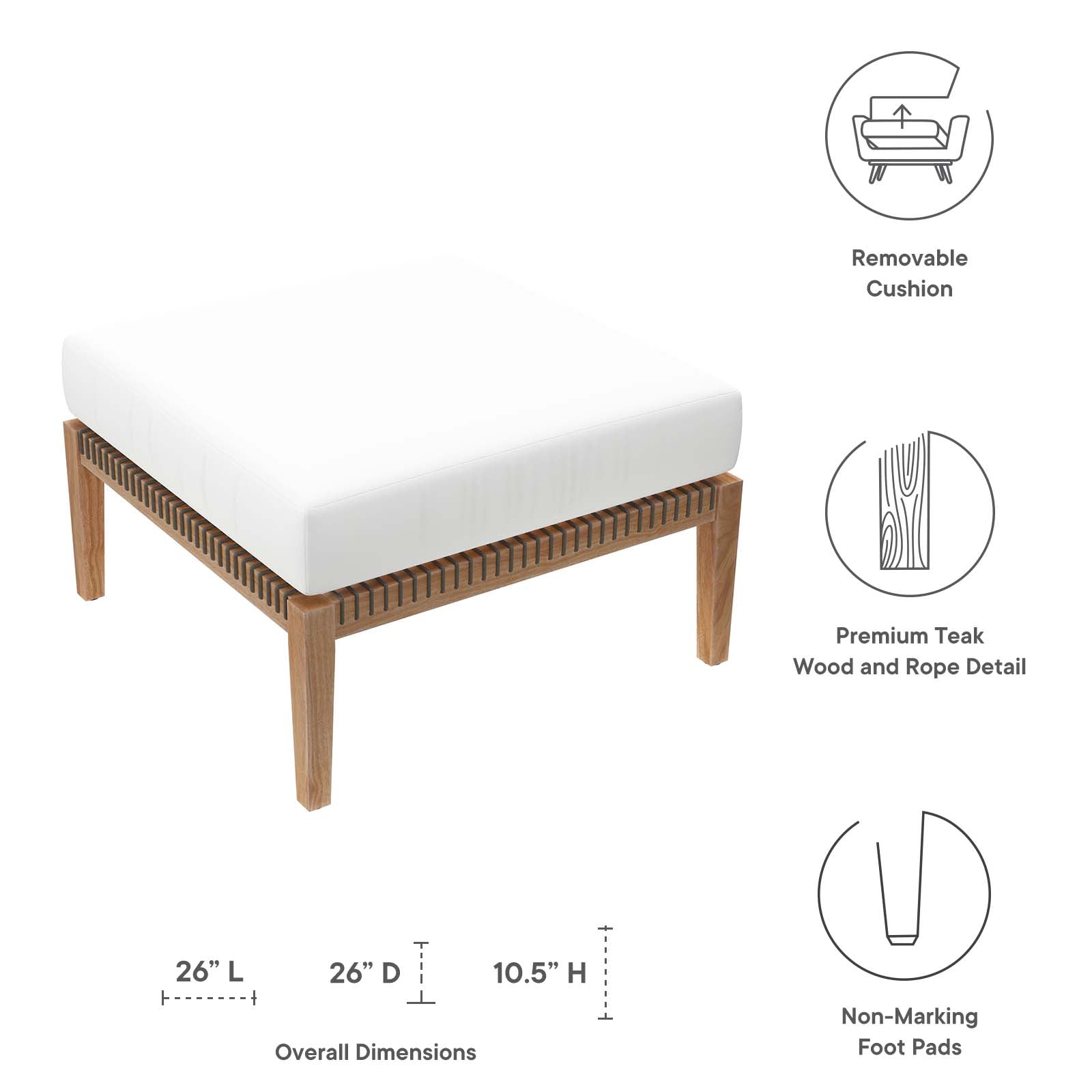 Clearwater Outdoor Patio Teak Wood Ottoman By Modway - EEI-5854 | Outdoor Ottomans - 26