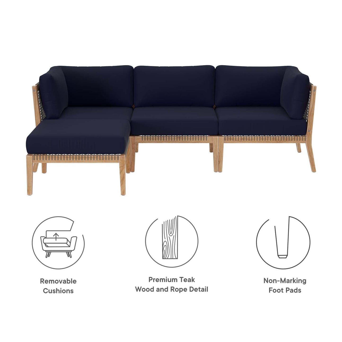 Clearwater Outdoor Patio Teak Wood 4-Piece Sectional Sofa By Modway - EEI-6121 | Outdoor Sofas, Loveseats & Sectionals - 30