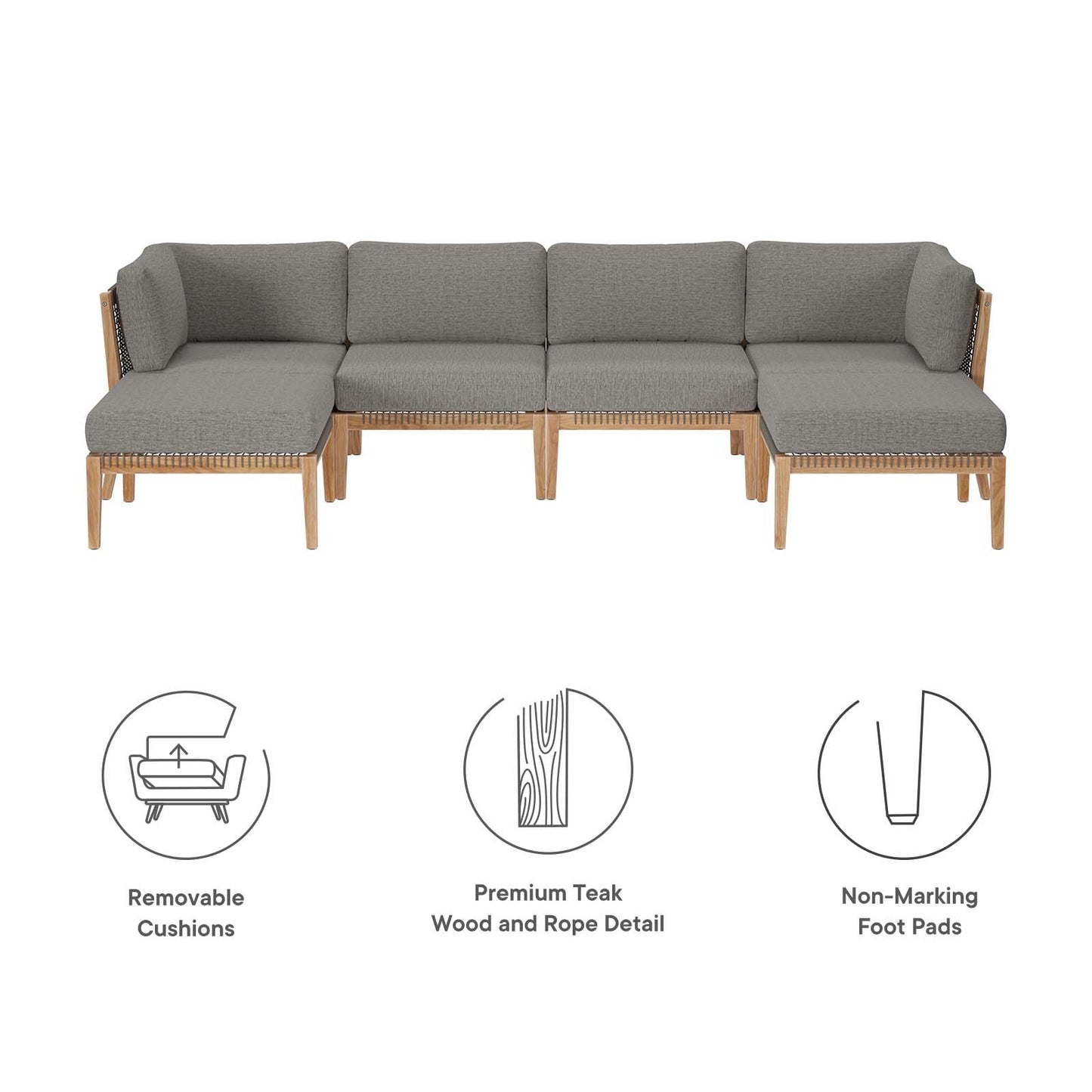 Clearwater Outdoor Patio Teak Wood 6-Piece Sectional Sofa By Modway - EEI-6122 | Outdoor Sofas, Loveseats & Sectionals - 5