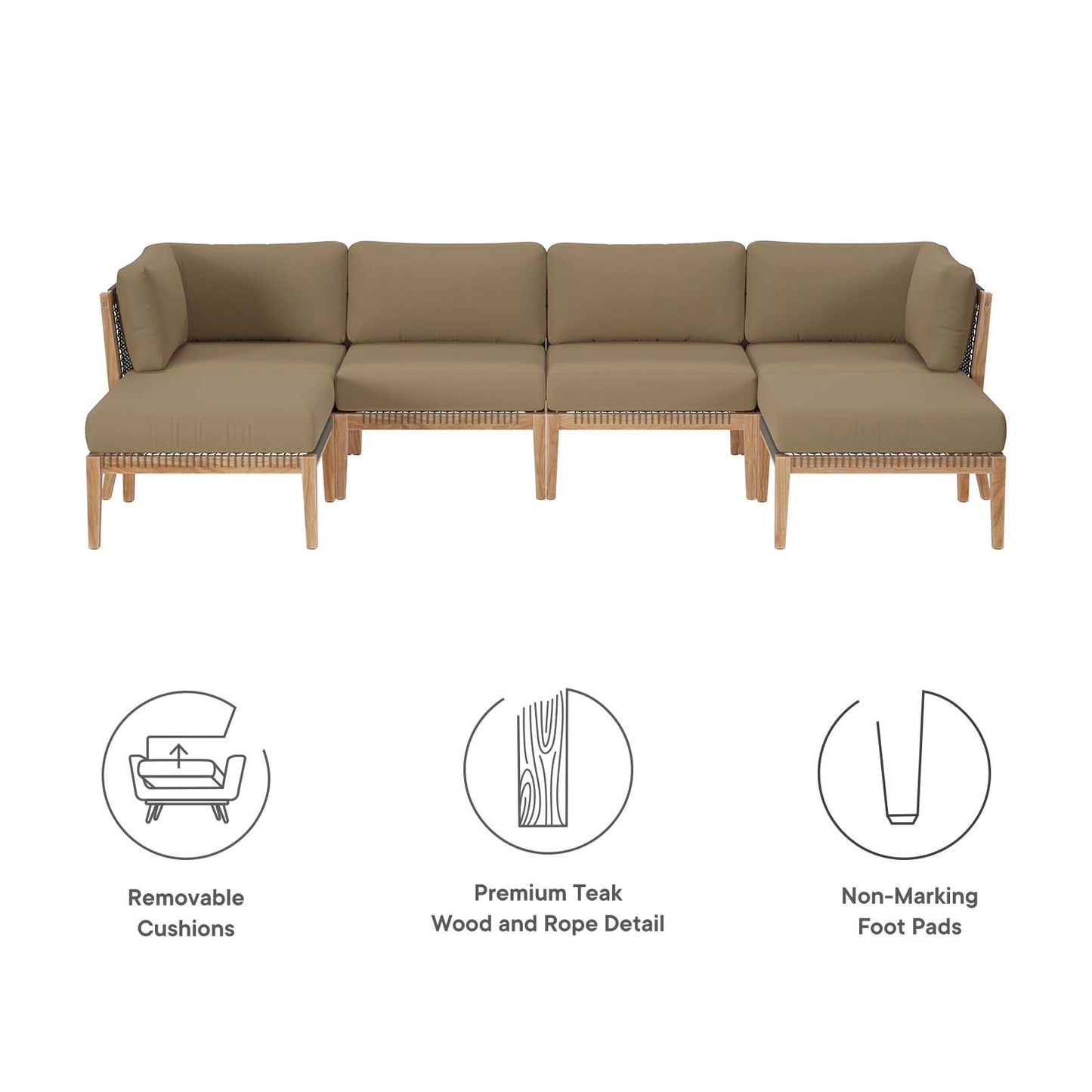 Clearwater Outdoor Patio Teak Wood 6-Piece Sectional Sofa By Modway - EEI-6122 | Outdoor Sofas, Loveseats & Sectionals - 17