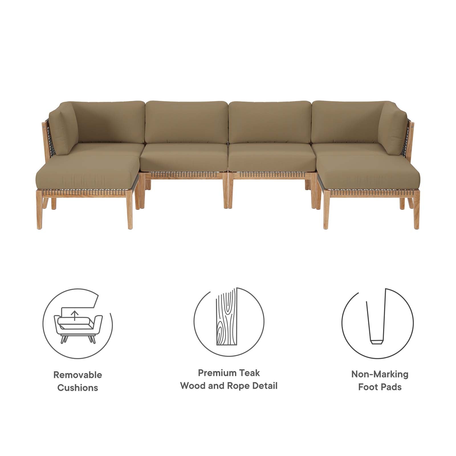 Clearwater Outdoor Patio Teak Wood 6-Piece Sectional Sofa By Modway - EEI-6122 | Outdoor Sofas, Loveseats & Sectionals - 17