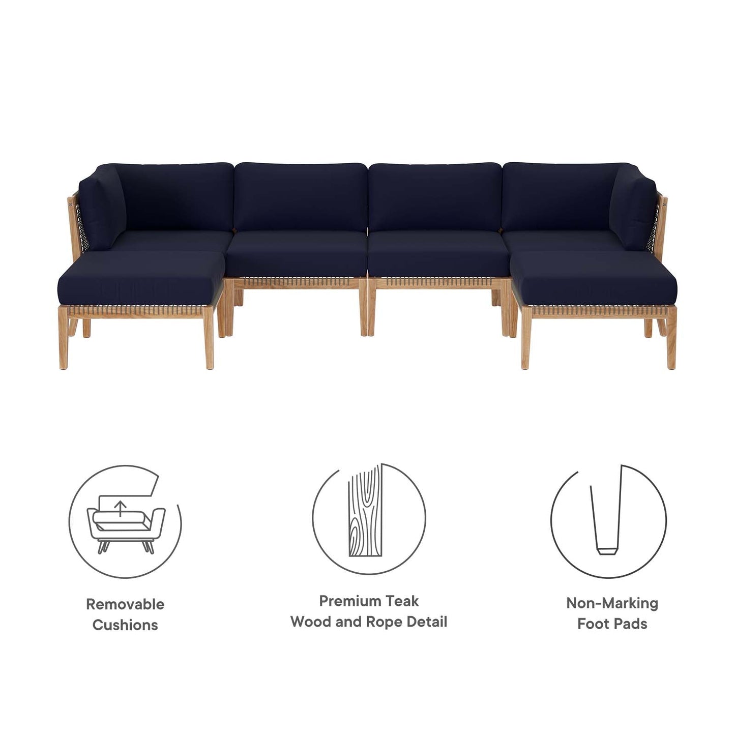 Clearwater Outdoor Patio Teak Wood 6-Piece Sectional Sofa By Modway - EEI-6122 | Outdoor Sofas, Loveseats & Sectionals - 30