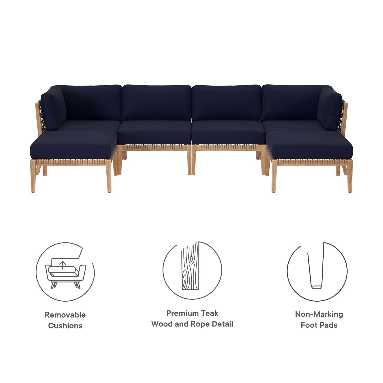 Clearwater Outdoor Patio Teak Wood 6-Piece Sectional Sofa By Modway - EEI-6122 | Outdoor Sofas, Loveseats & Sectionals - 30