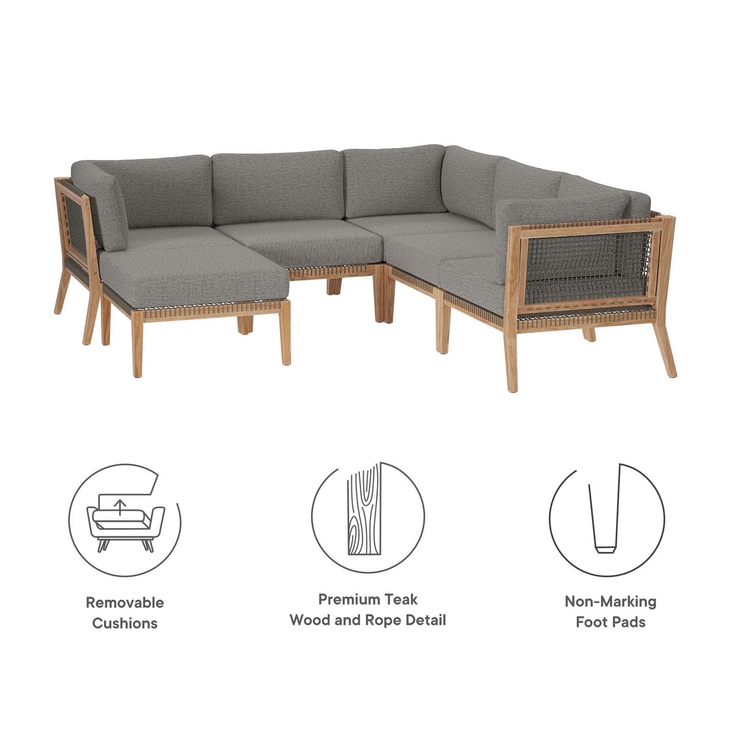 Clearwater Outdoor Patio Teak Wood 6-Piece Sectional Sofa By Modway - EEI-6124 | Outdoor Sofas, Loveseats & Sectionals - 5