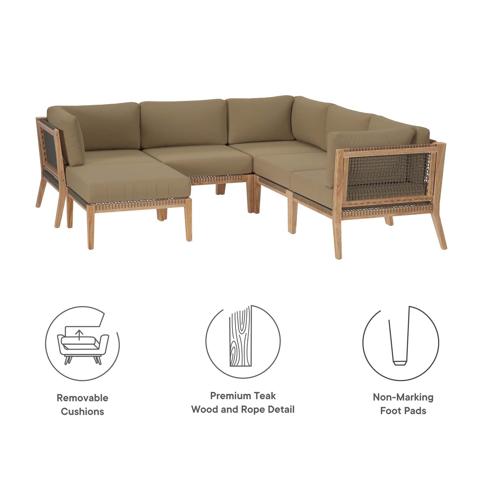 Clearwater Outdoor Patio Teak Wood 6-Piece Sectional Sofa By Modway - EEI-6124 | Outdoor Sofas, Loveseats & Sectionals - 17