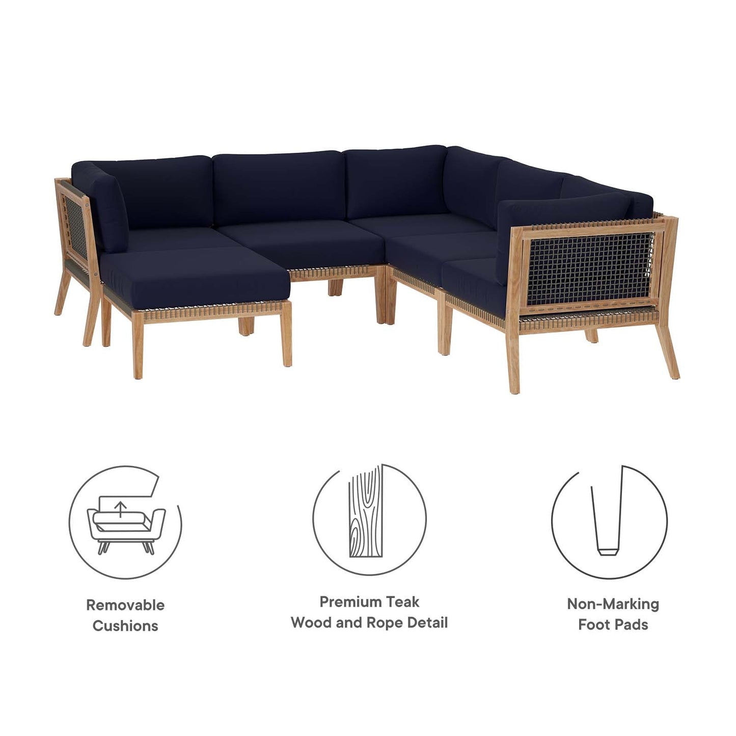 Clearwater Outdoor Patio Teak Wood 6-Piece Sectional Sofa By Modway - EEI-6124 | Outdoor Sofas, Loveseats & Sectionals - 30