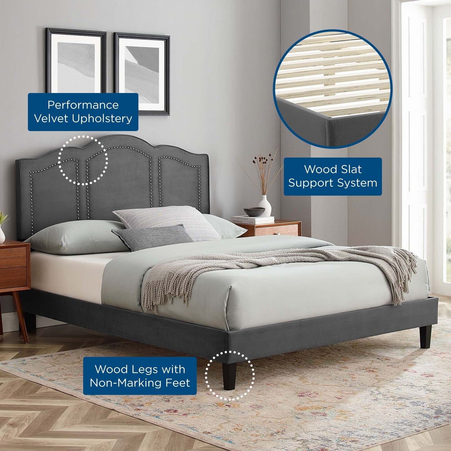 Emerson Performance Velvet Queen Platform Bed By Modway - MOD-6579 | Beds - 5