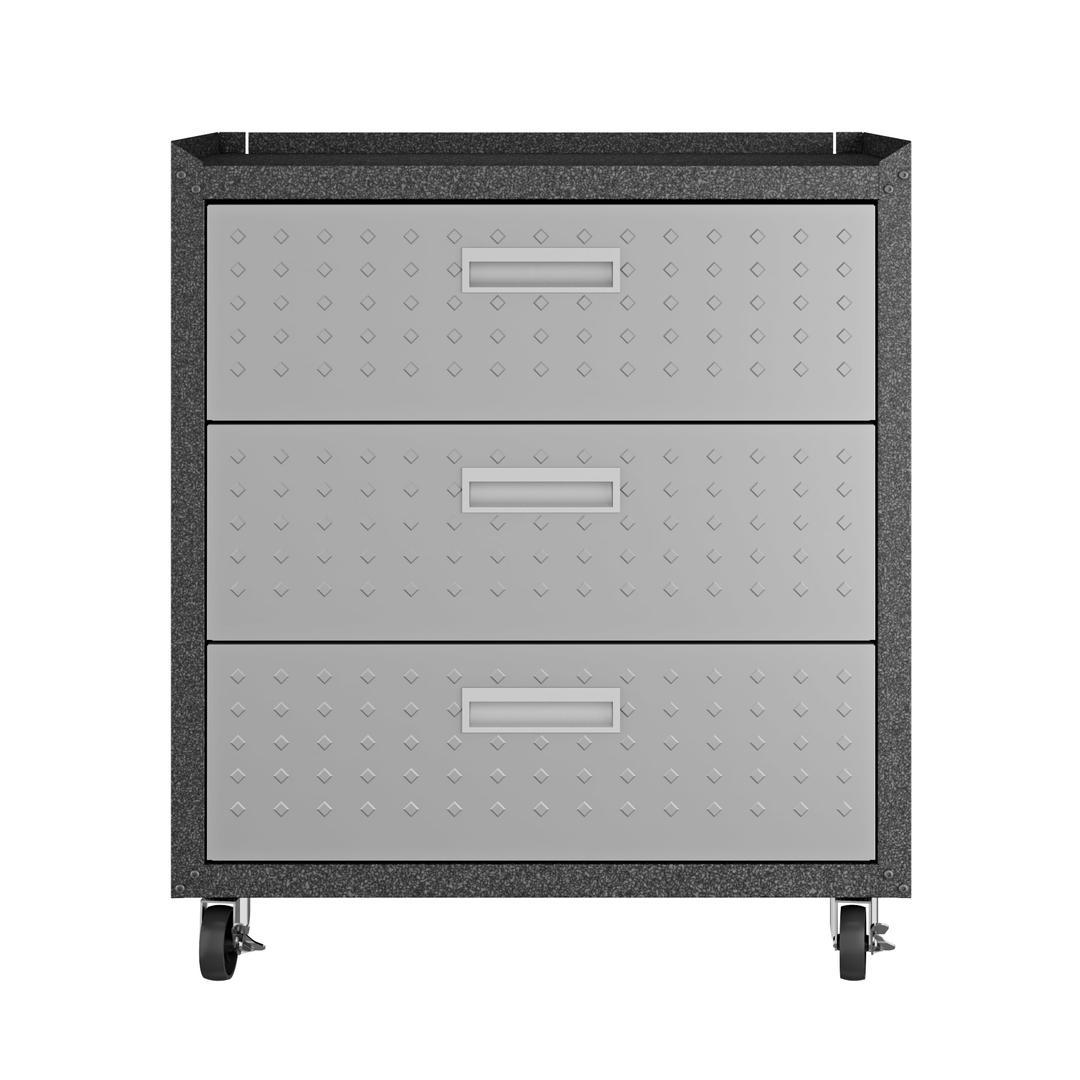 Manhattan Comfort Fortress Textured Metal 31.5" Garage Mobile Chest with 3 Full Extension Drawers In Grey