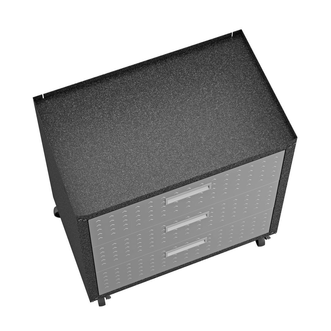 Manhattan Comfort Fortress Textured Metal 31.5" Garage Mobile Chest with 3 Full Extension Drawers In Grey