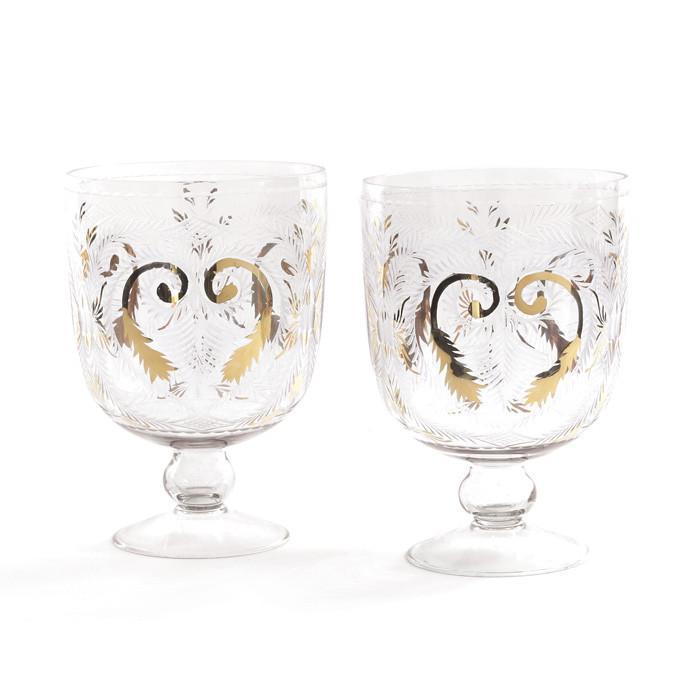 Pair Of Etched Glass Hurricanes With Gold Accents by GO Home