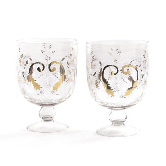 Pair Of Etched Glass Hurricanes With Gold Accents by GO Home