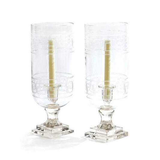 Pair Of Etched Glass Greek Key Hurricanes by GO Home