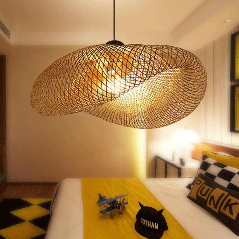 Bamboo Wave Shade Pendant Light Fixture Rustic Vintage Japanese Lamp