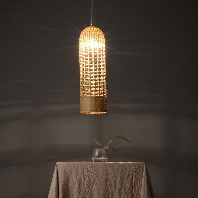 Bamboo Hand-Woven Wicker Basket Long Lampshade Cylinder Pendant Light