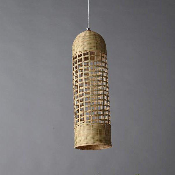 Bamboo Hand-Woven Wicker Basket Long Lampshade Cylinder Pendant Light