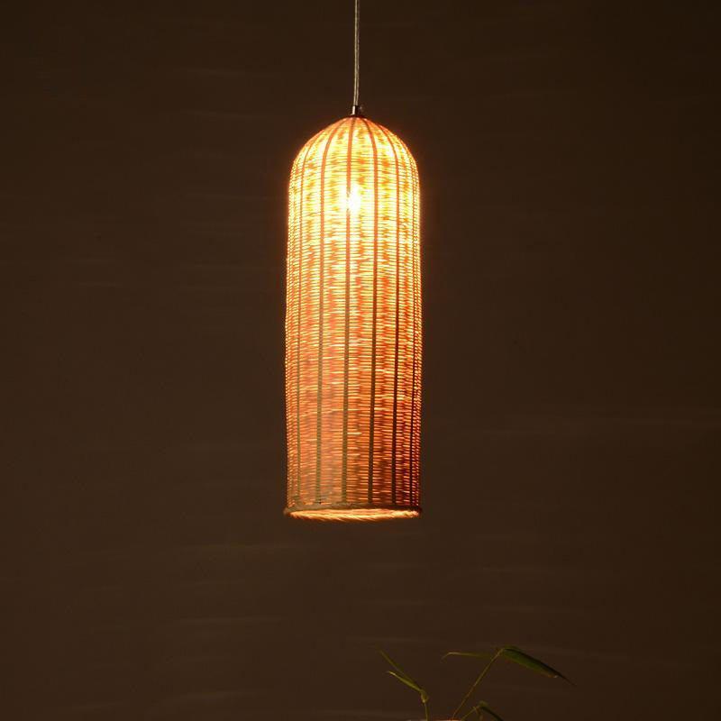 Bamboo Hand-Woven Wicker Basket Long Lampshade Cylinder Pendant Light