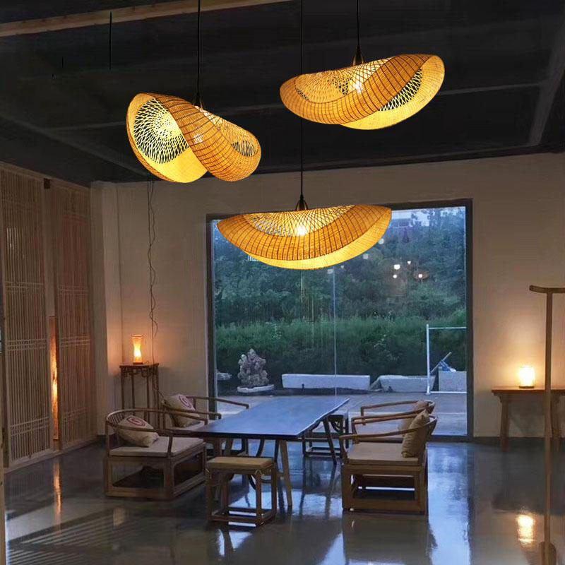 Bamboo Cap Shade Pendant Light Fixture Vintage Fashion Hanging Ceiling Lamp