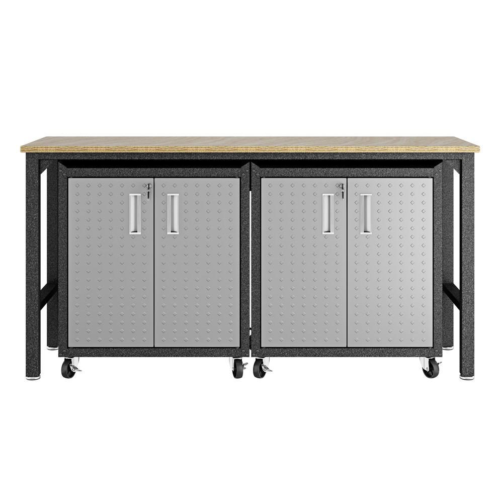 Manhattan Comfort 3-Piece Fortress Mobile Space-Saving Steel Garage Cabinet and Worktable 1.0  in Grey
