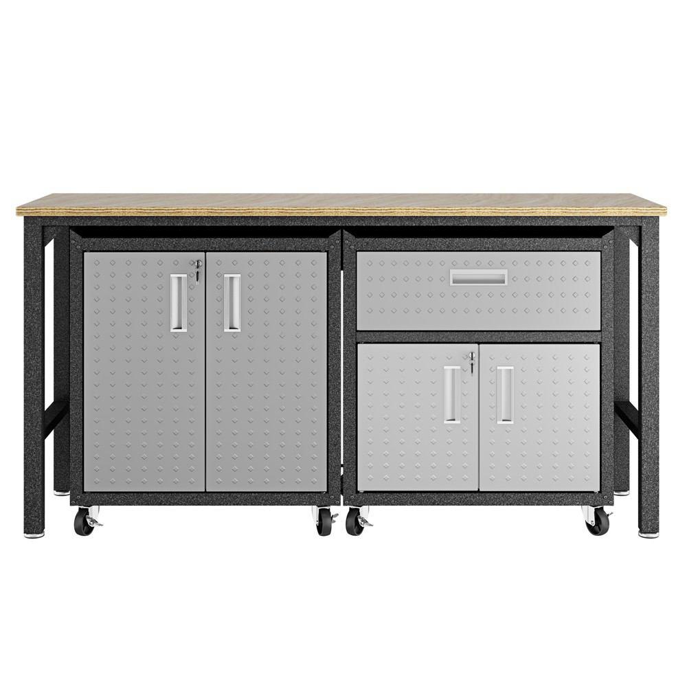 Manhattan Comfort 3-Piece Fortress Mobile Space-Saving Steel Garage Cabinet and Worktable 2.0 in Grey