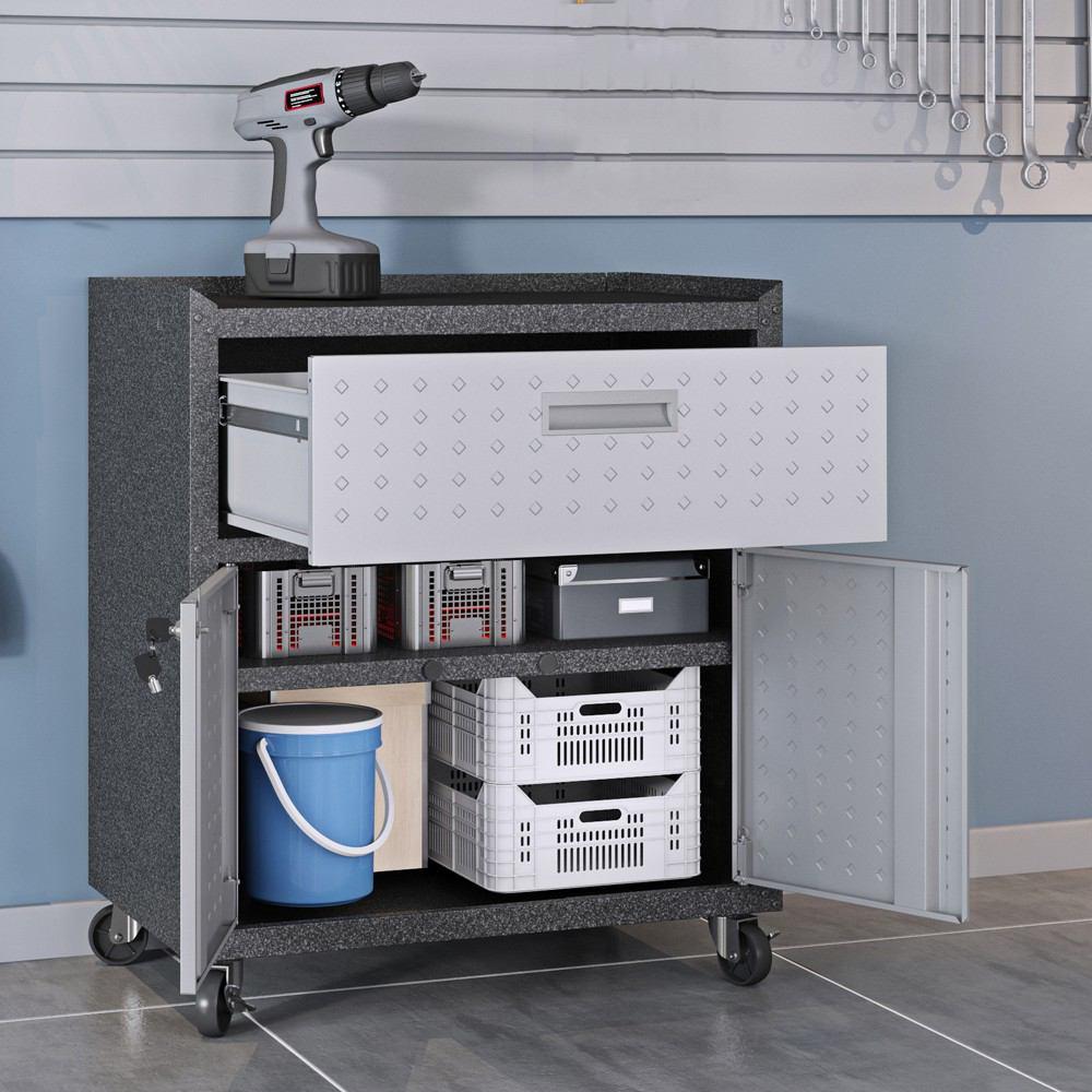 Manhattan Comfort 3-Piece Fortress Mobile Space-Saving Steel Garage Cabinet and Worktable 2.0 in Grey